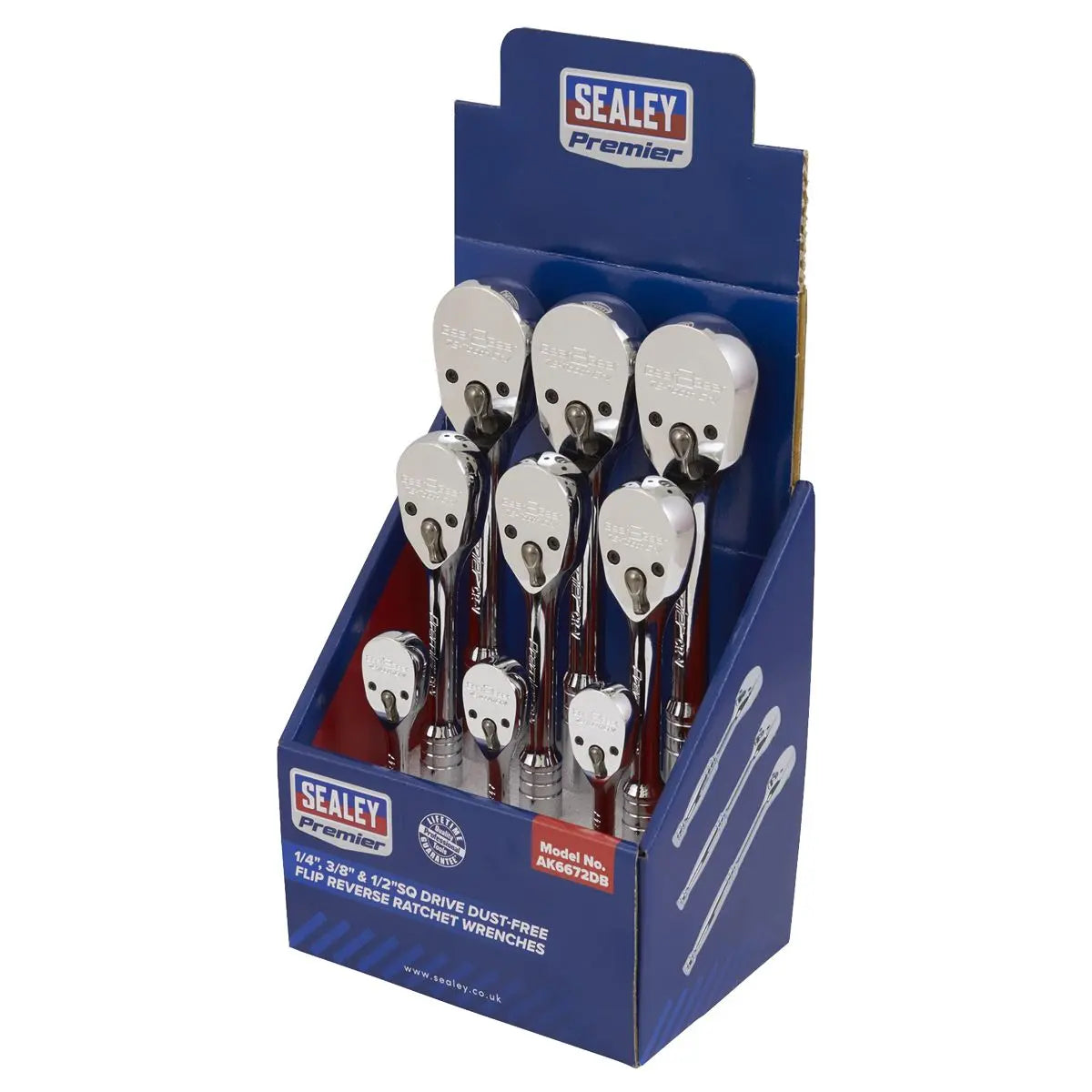 Sealey Premier Ratchet Wrenches 1/4", 3/8" & 1/2"Sq Drive Pear-Head Flip Reverse Display Box of 9