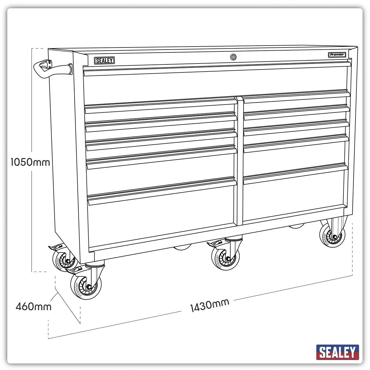 Sealey Premier Rollcab 11 Drawer 1430mm Extra-Wide Heavy-Duty Black  White Rose Tools