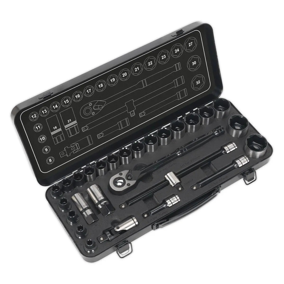 Sealey Premier Socket Set 28 Piece 1/2" Drive 6 Point WallDrive Metric Black Series