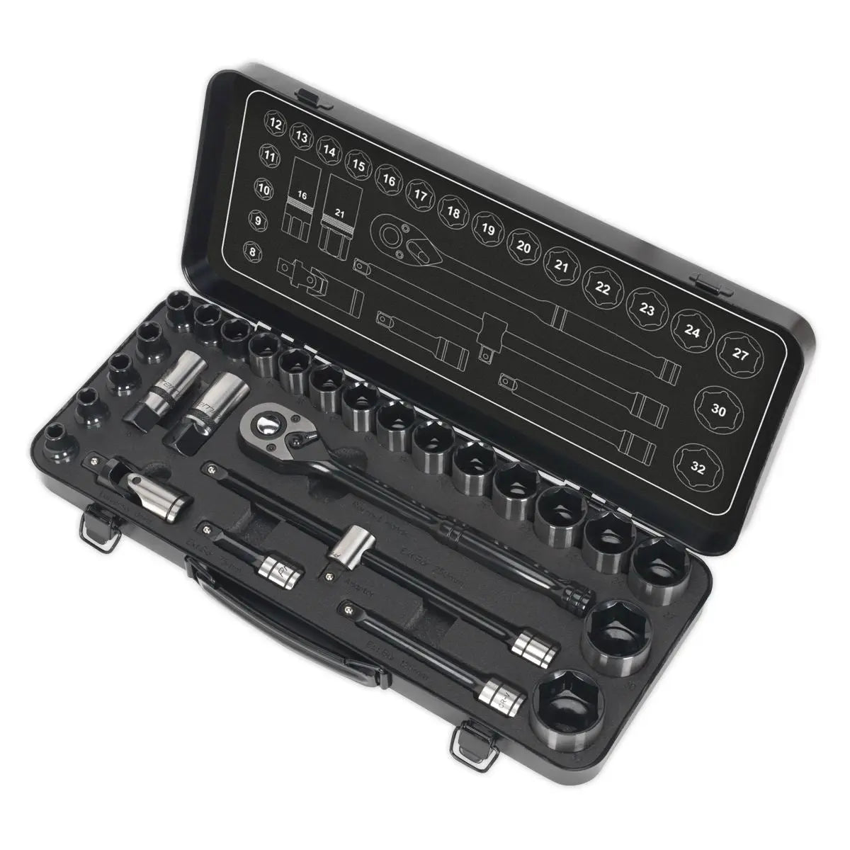 Sealey Premier Socket Set 28 Piece 1/2" Drive 6 Point WallDrive Metric Black Series