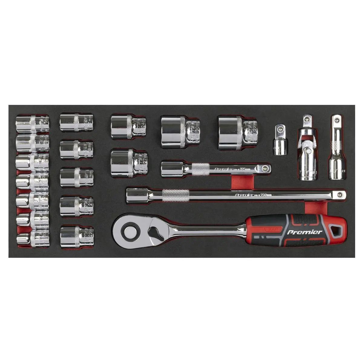 Sealey Premier Socket Set with Tool Tray 1/2"Sq Drive 22pc  White Rose Tools