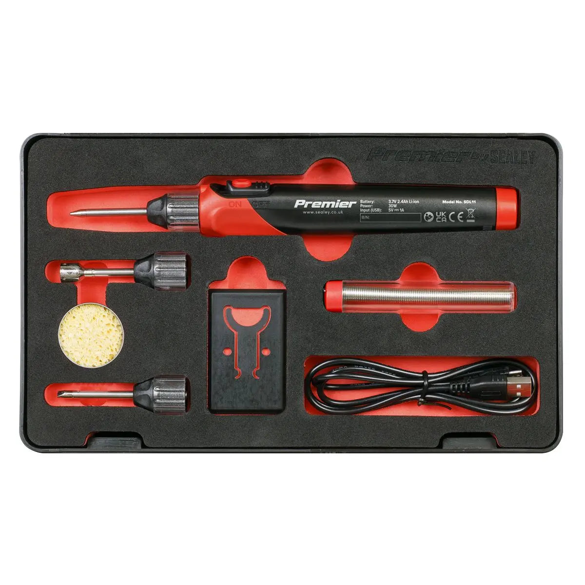 Sealey Premier Soldering Iron Kit Rechargeable Lithium-ion 30W