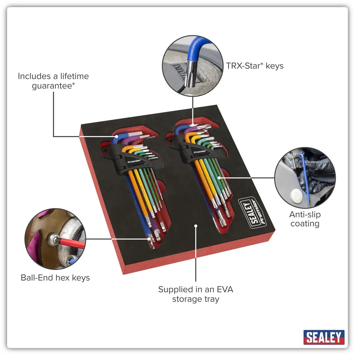 Sealey Premier TRX-Star* & Ball-End Hex Key Set 18pc Long Anti-Slip White Rose Tools