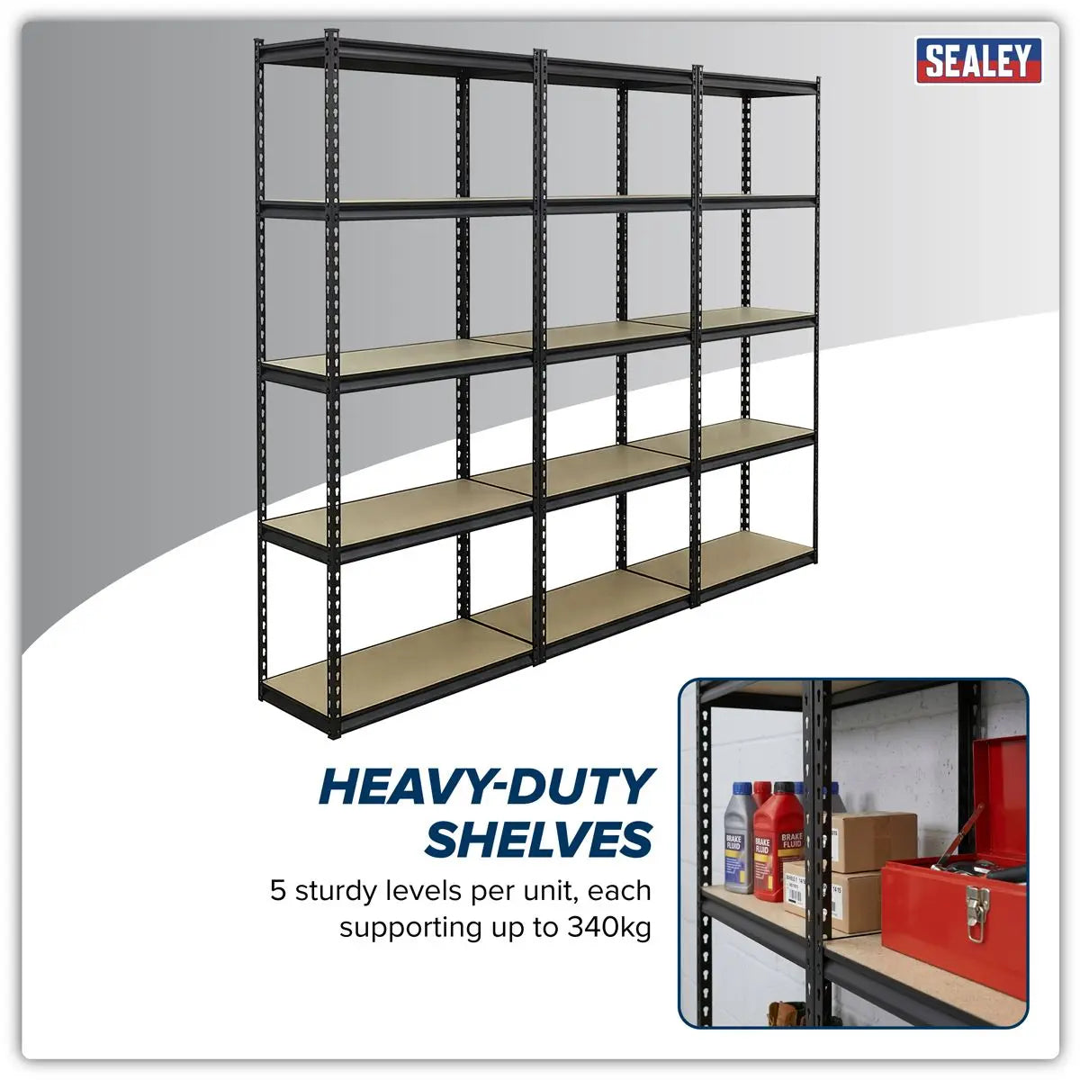 Sealey Racking Unit with 5 Shelves 340kg Capacity Per Level - Set of 3 White Rose Tools