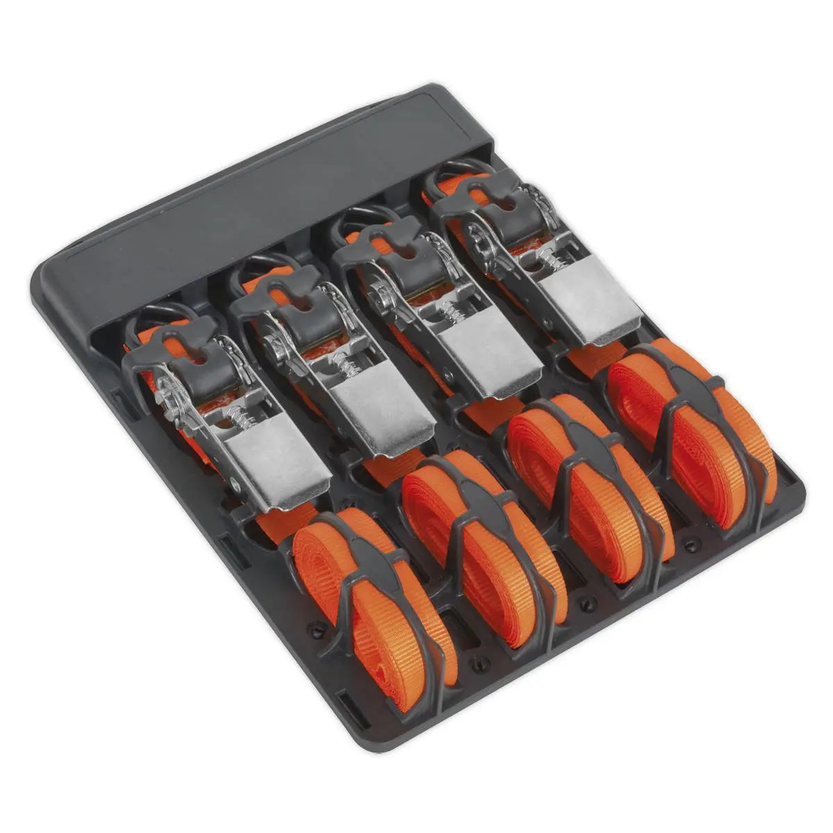 Sealey Ratchet Straps 25mm x 4m Polyester Webbing with S-Hooks 500kg Breaking Strength - 2 Pairs