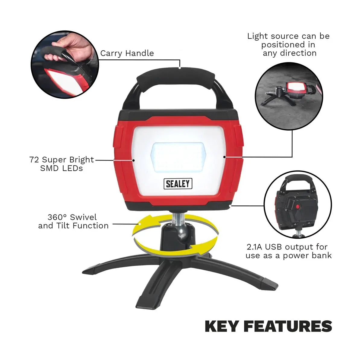 Sealey Rechargeable 360° Floodlight 36W SMD LED Portable Red Lithium-ion