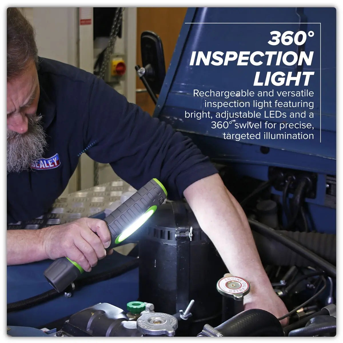 Sealey Rechargeable 360° Inspection Lamp 24 SMD LED + 3W LED Green 1000 Lumens White Rose Tools