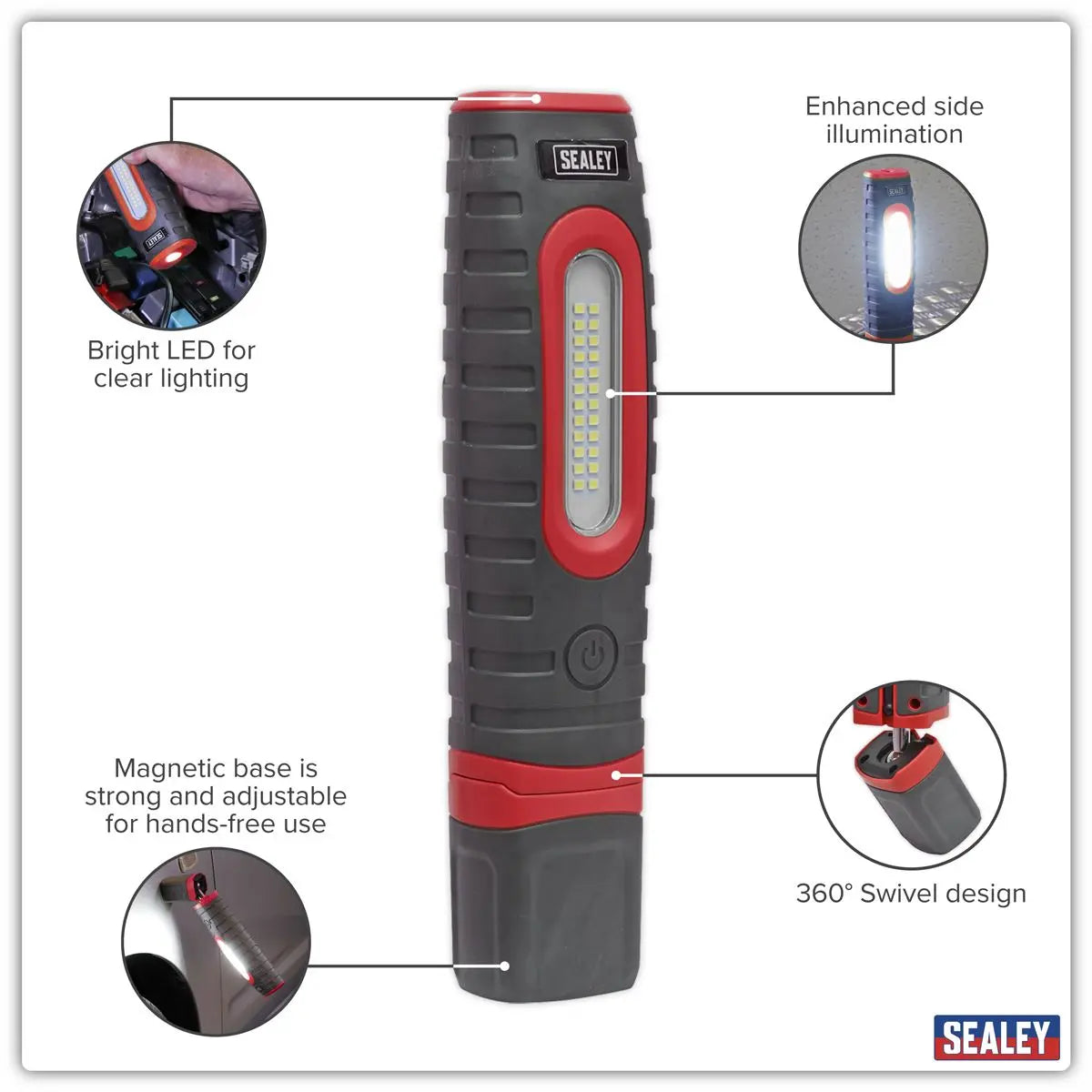 Sealey Rechargeable 360° Inspection Lamp 24 SMD LED + 3W LED Red 1000 Lumens White Rose Tools