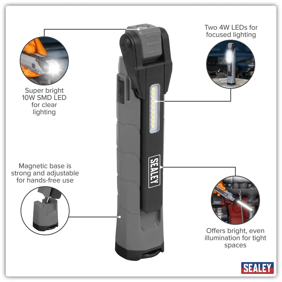 Sealey Rechargeable 360° Inspection Light 10W & 2 x 4W SMD LED Grey White Rose Tools