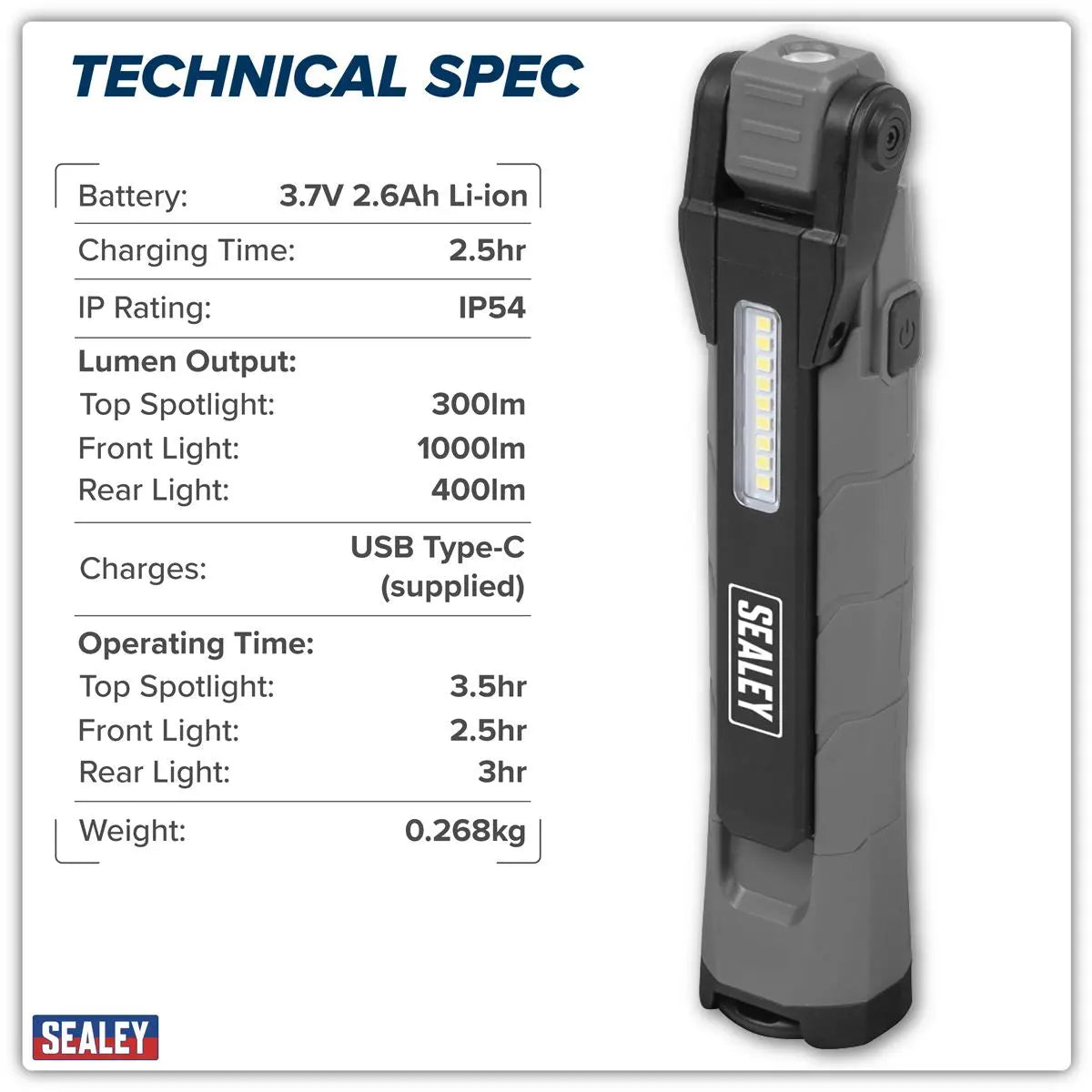 Sealey Rechargeable 360° Inspection Light 10W & 2 x 4W SMD LED Grey White Rose Tools