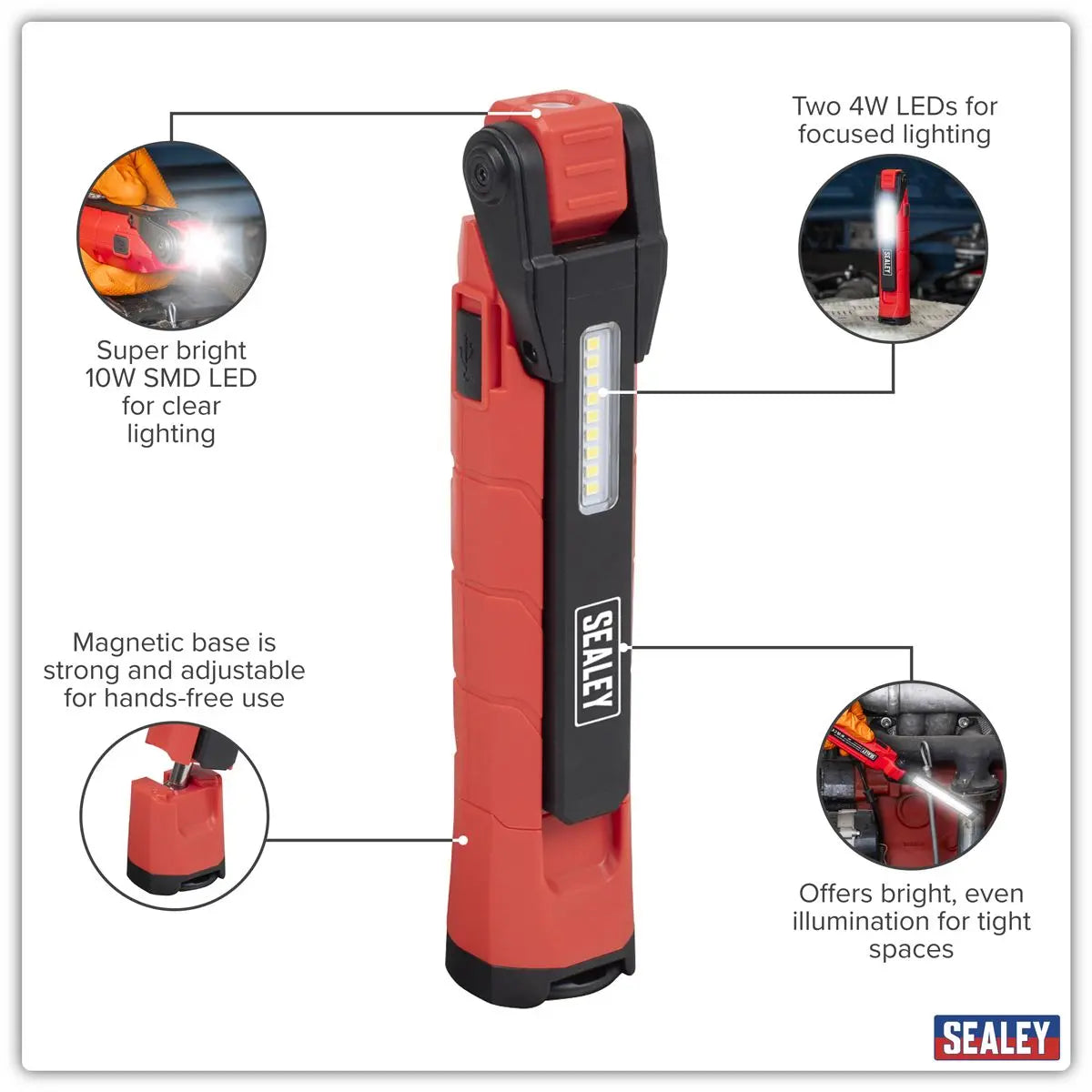Sealey Rechargeable 360° Inspection Light 10W & 2 x 4W SMD LED Red White Rose Tools