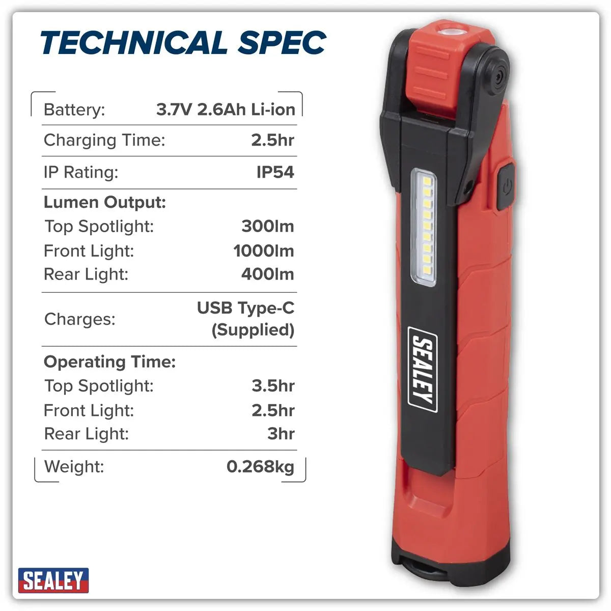 Sealey Rechargeable 360° Inspection Light 10W & 2 x 4W SMD LED Red White Rose Tools