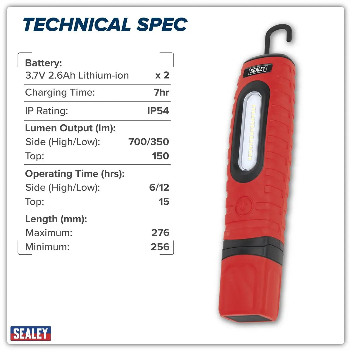 Sealey Rechargeable 360° Inspection Light 10W & 3W SMD LED Red 2 x Lithium-ion White Rose Tools