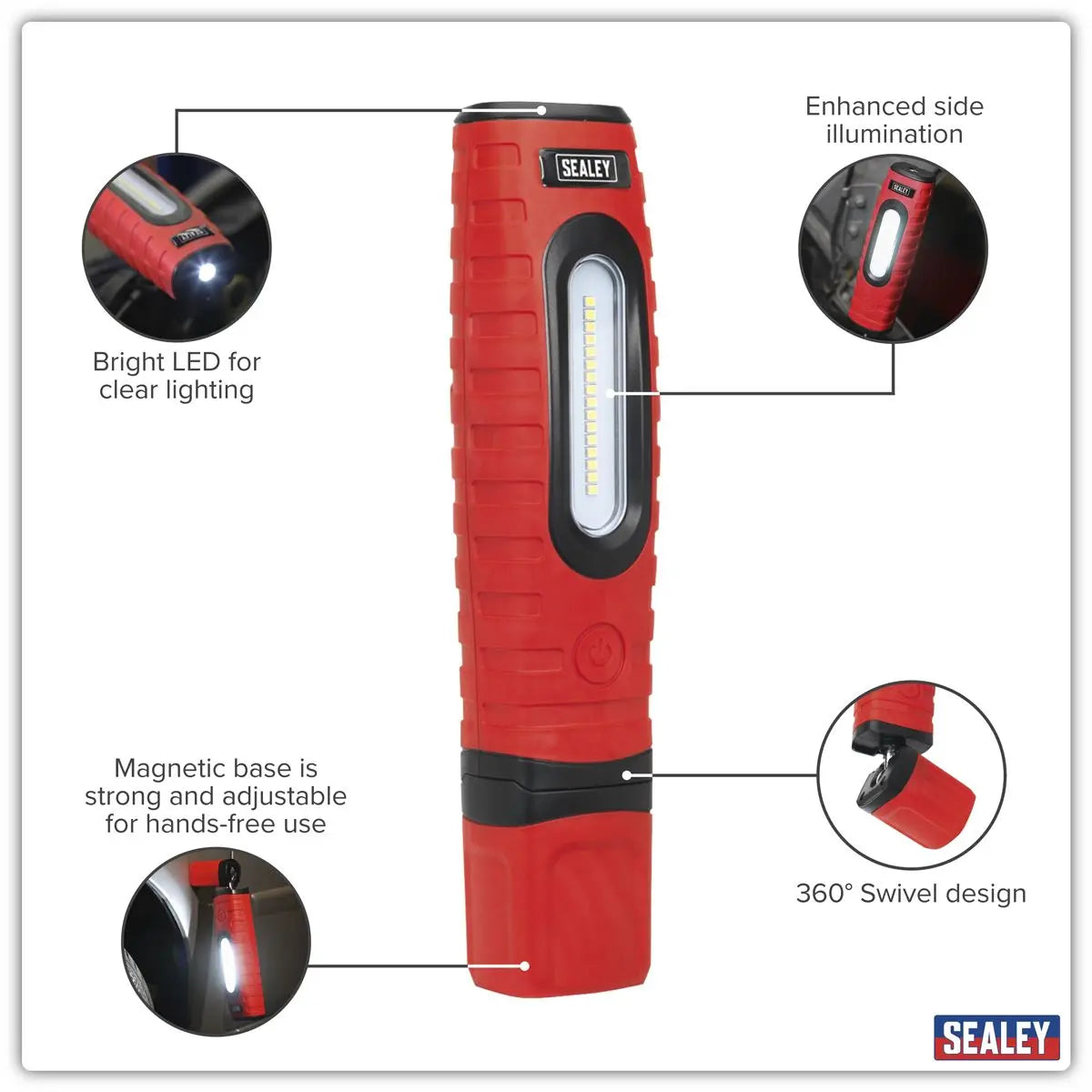 Sealey Rechargeable 360° Inspection Light 10W & 3W SMD LED Red 2 x Lithium-ion White Rose Tools