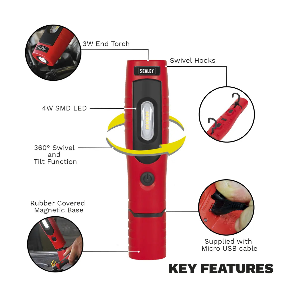 Sealey Rechargeable 360° Inspection Light 4W & 3W SMD LED - Red White Rose Tools