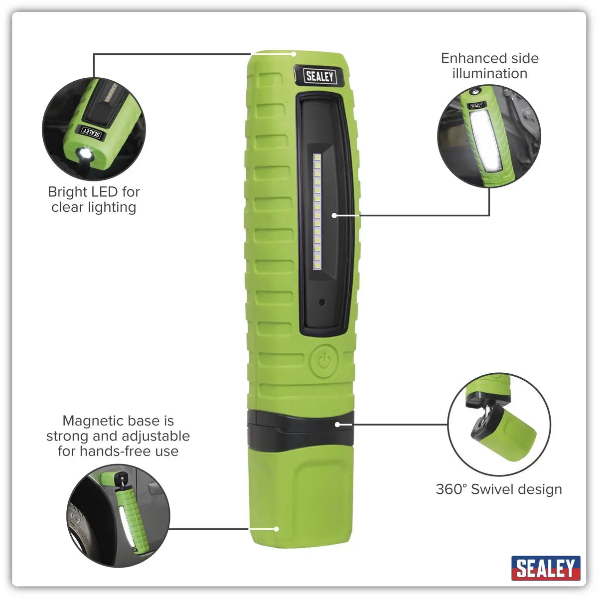 Sealey Rechargeable 360° Inspection Light 8W & 3W SMD LED - Green White Rose Tools