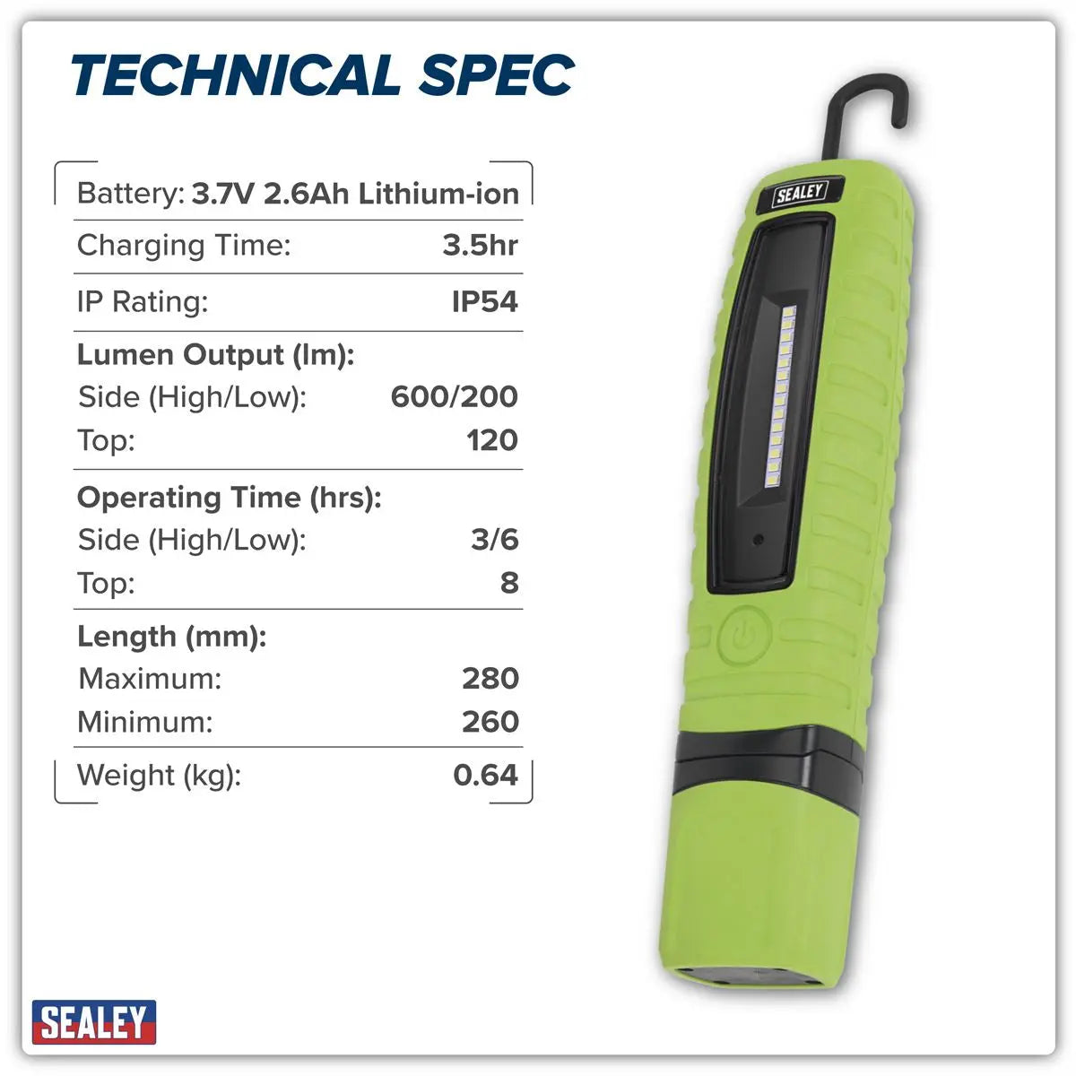 Sealey Rechargeable 360° Inspection Light 8W & 3W SMD LED - Green White Rose Tools