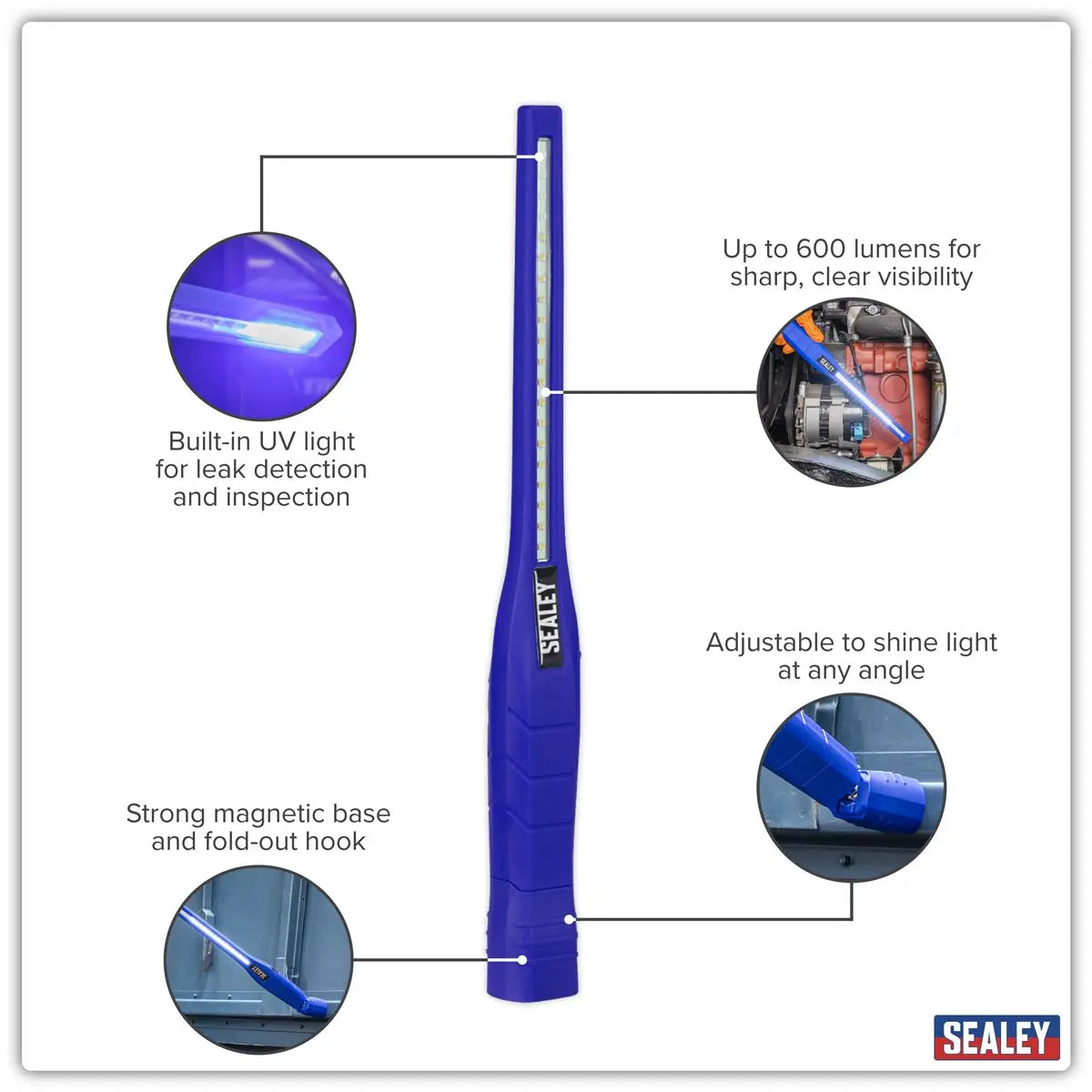 Sealey Rechargeable 360° Slim Inspection Light 8W & 1W SMD LED& UV Light Black Lithium-ion White Rose Tools