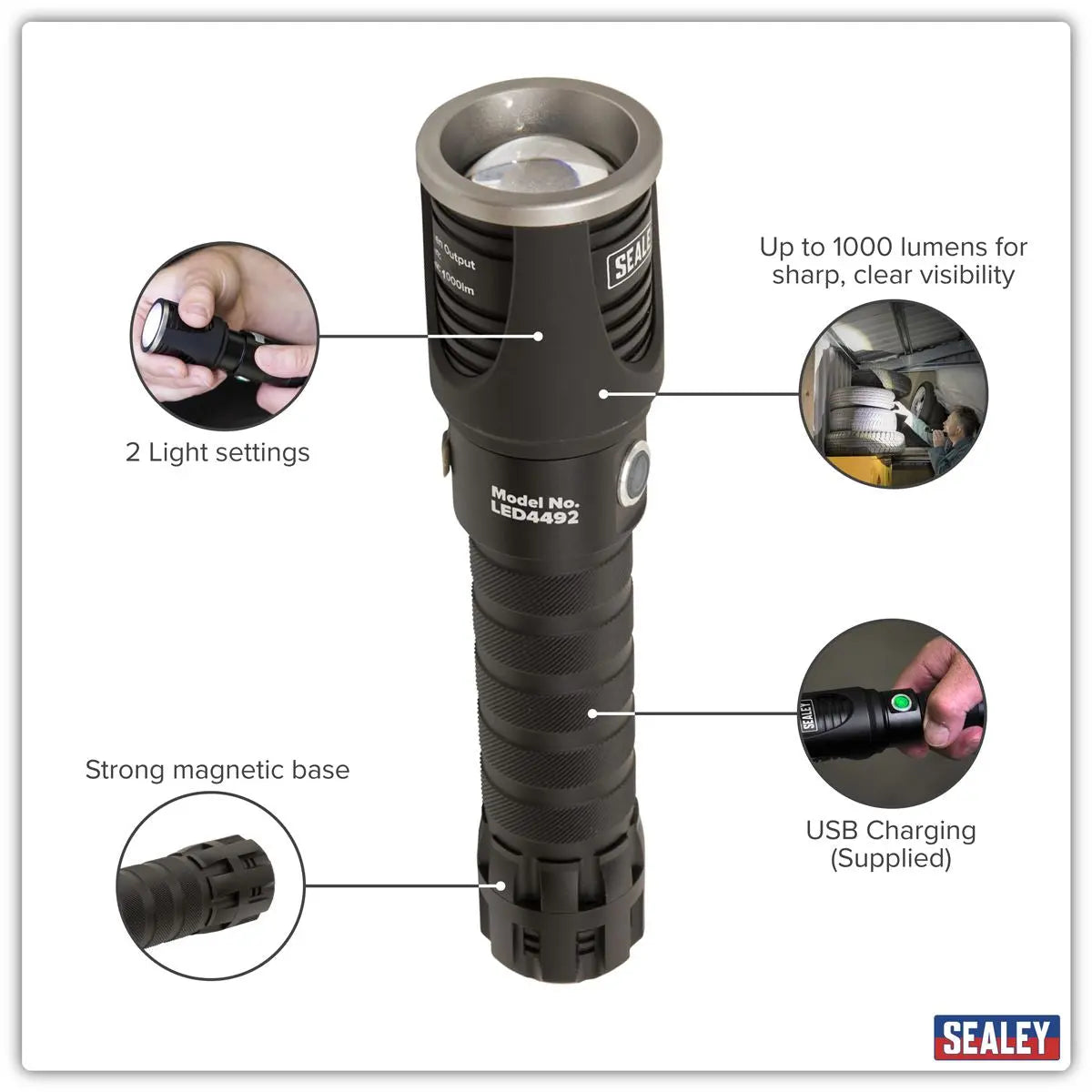 Sealey Rechargeable Aluminium Torch with Adjustable Focus 10W SMD LED White Rose Tools