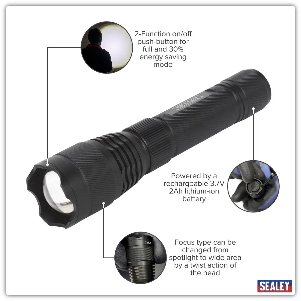 Sealey Rechargeable Aluminium Torch with Adjustable Focus 10W SMD LED White Rose Tools