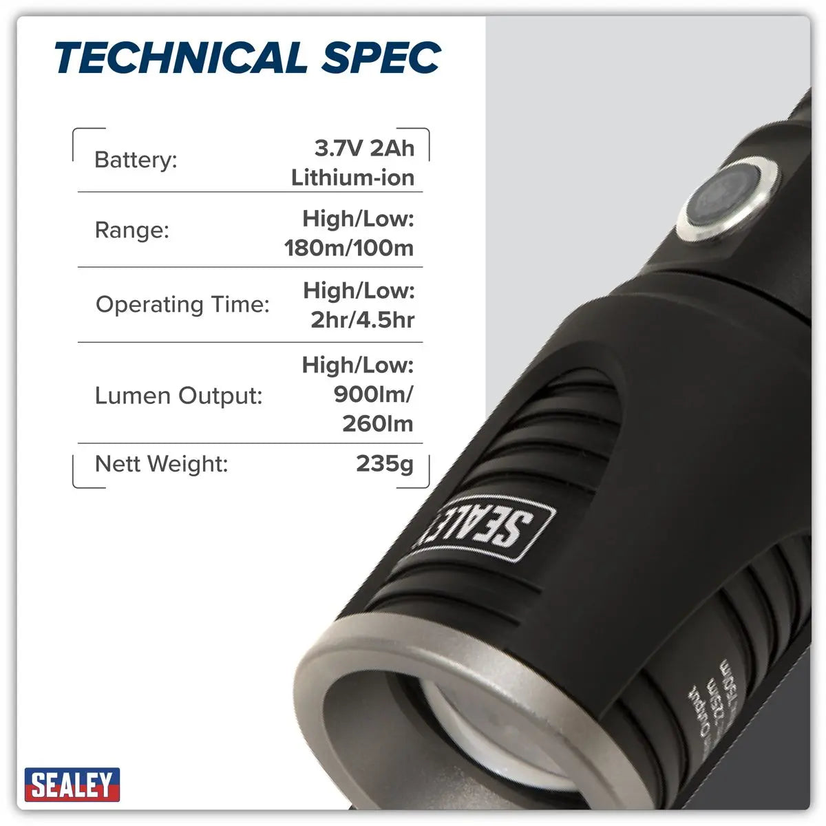 Sealey Rechargeable Aluminium Torch with Adjustable Focus 5W SMD LED White Rose Tools
