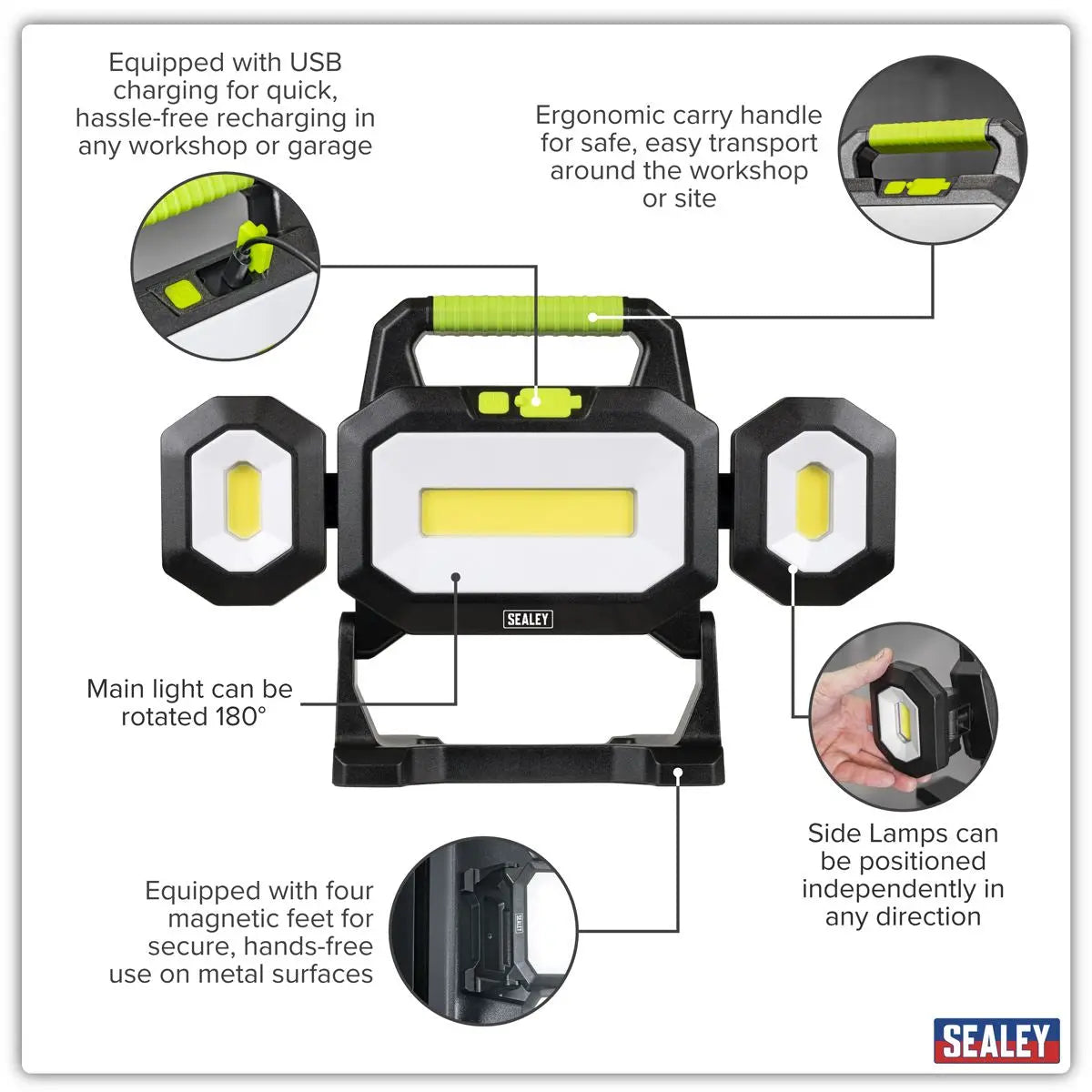 Sealey Rechargeable Flexible Floodlight 31W & 26W COB LED White Rose Tools