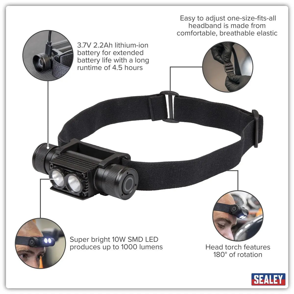 Sealey Rechargeable Head Torch 10W SMD LED White Rose Tools