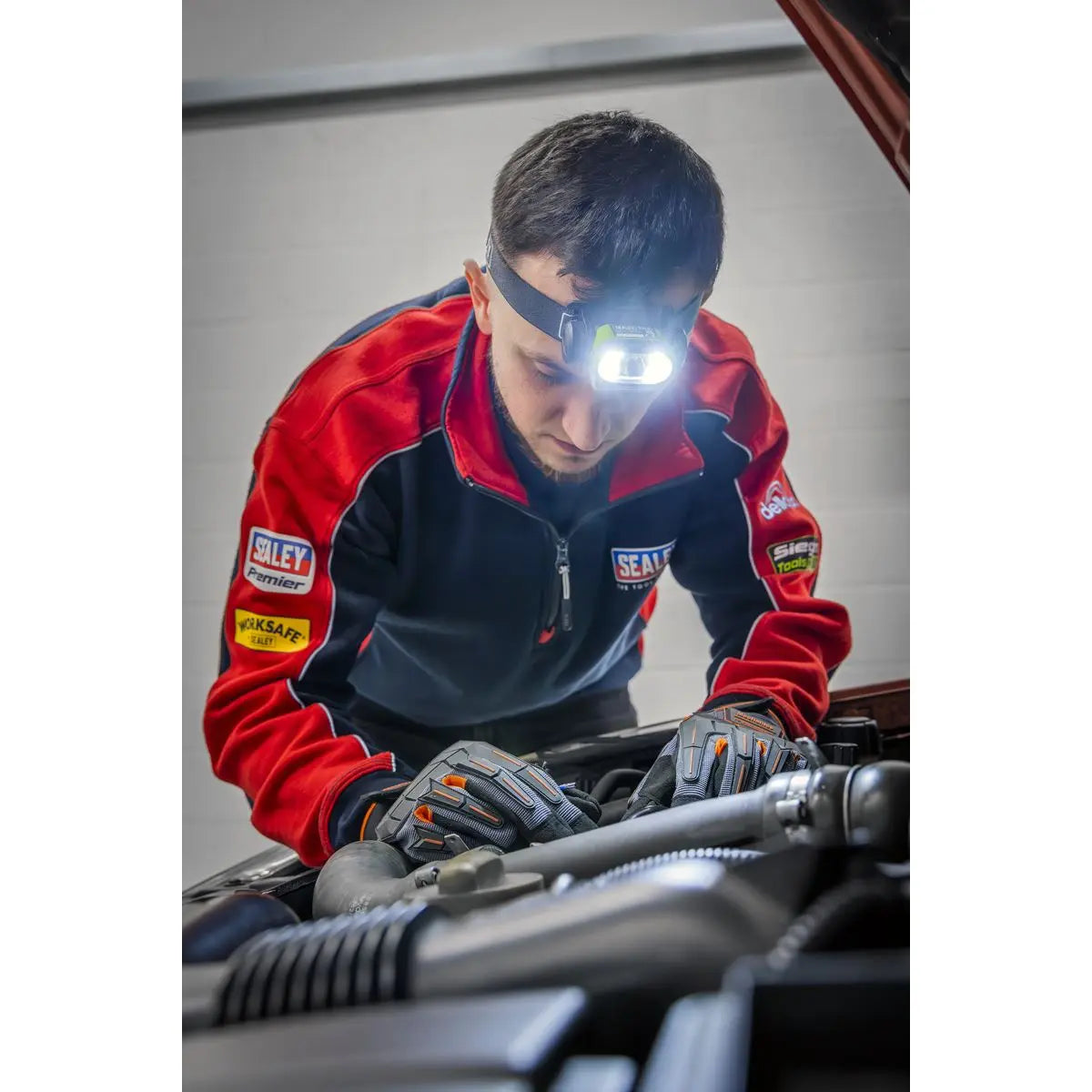 Sealey Rechargeable Head Torch with Auto-Sensor 5W & 3W COB LED White Rose Tools