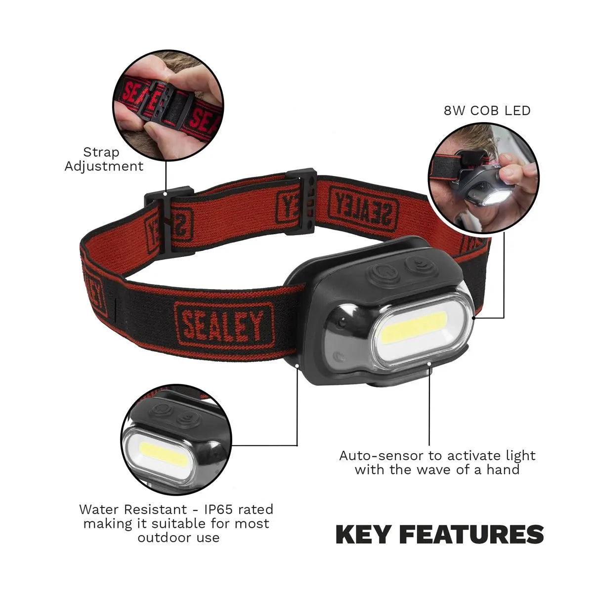 Sealey Rechargeable Head Torch with Auto-Sensor 8W COB LED White Rose Tools