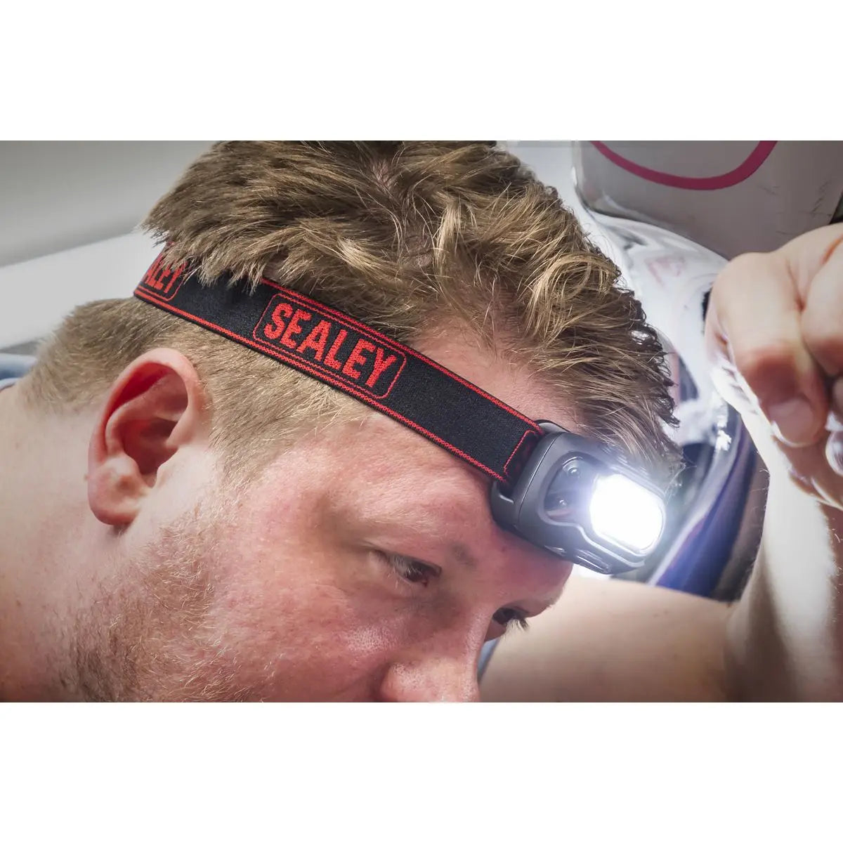 Sealey Rechargeable Head Torch with Auto-Sensor 8W COB LED White Rose Tools