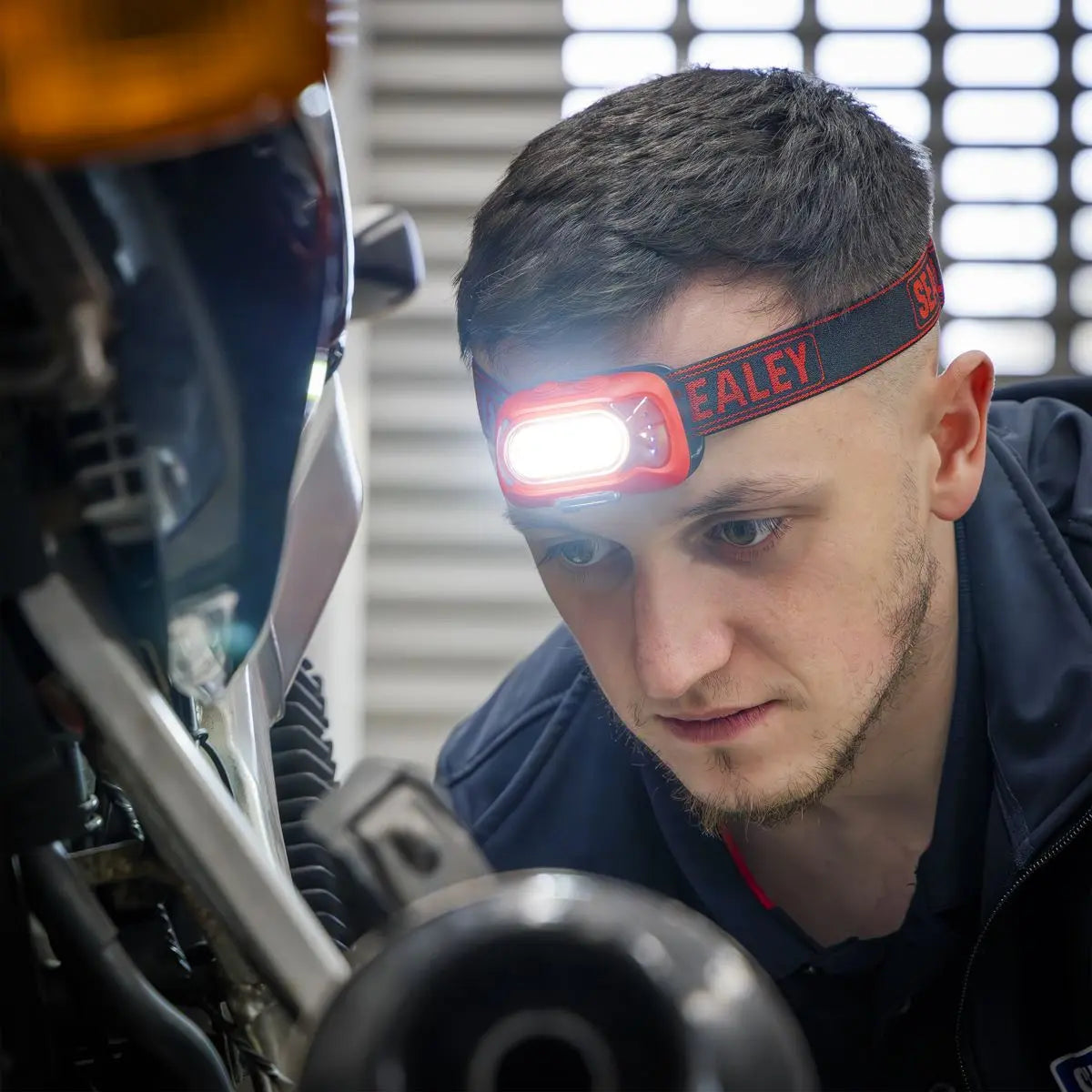 Sealey Rechargeable Head Torch with Auto-Sensor 8W COB LED - Red White Rose Tools