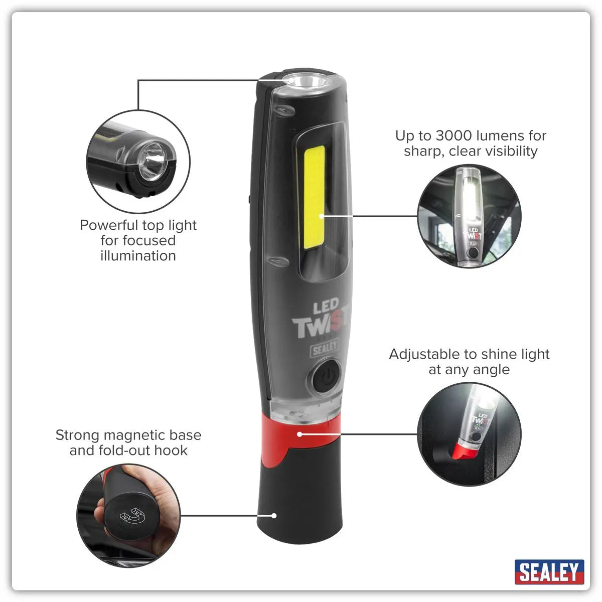 Sealey Rechargeable LED Twist® Inspection Light 20W COB & 3W SMD, 3000lm, Magnetic Base & Power Bank White Rose Tools