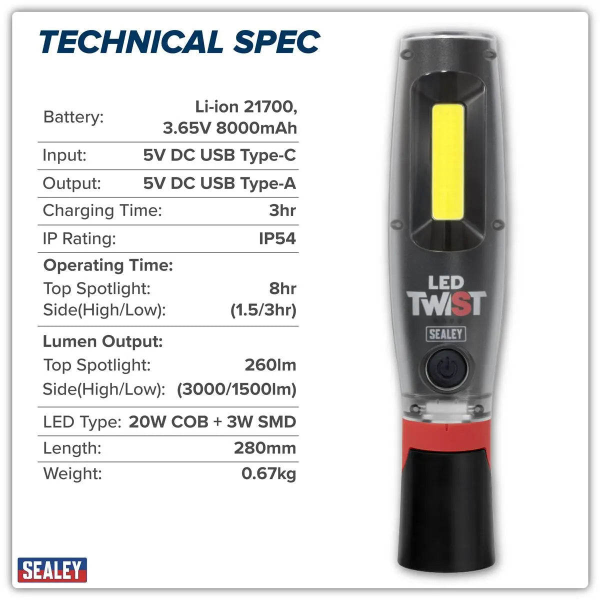 Sealey Rechargeable LED Twist® Inspection Light 20W COB & 3W SMD, 3000lm, Magnetic Base & Power Bank White Rose Tools