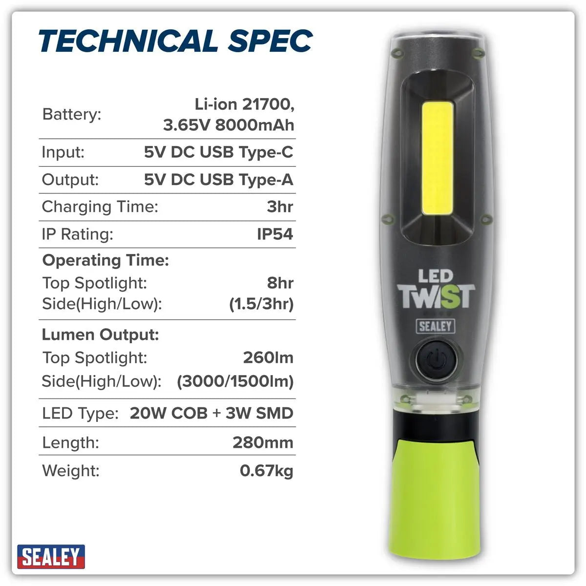 Sealey Rechargeable LED Twist® Inspection Light 20W COB + 3W SMD, 3000lm, Magnetic Base & Power Bank White Rose Tools