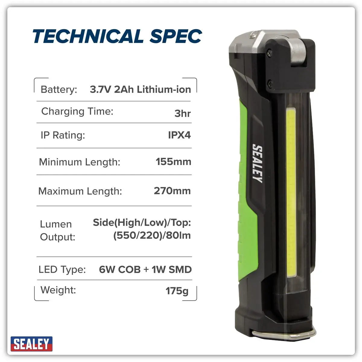 Sealey Rechargeable Slim Folding Inspection Light 6W COB LED & 1W SMD LED Lithium-ion White Rose Tools