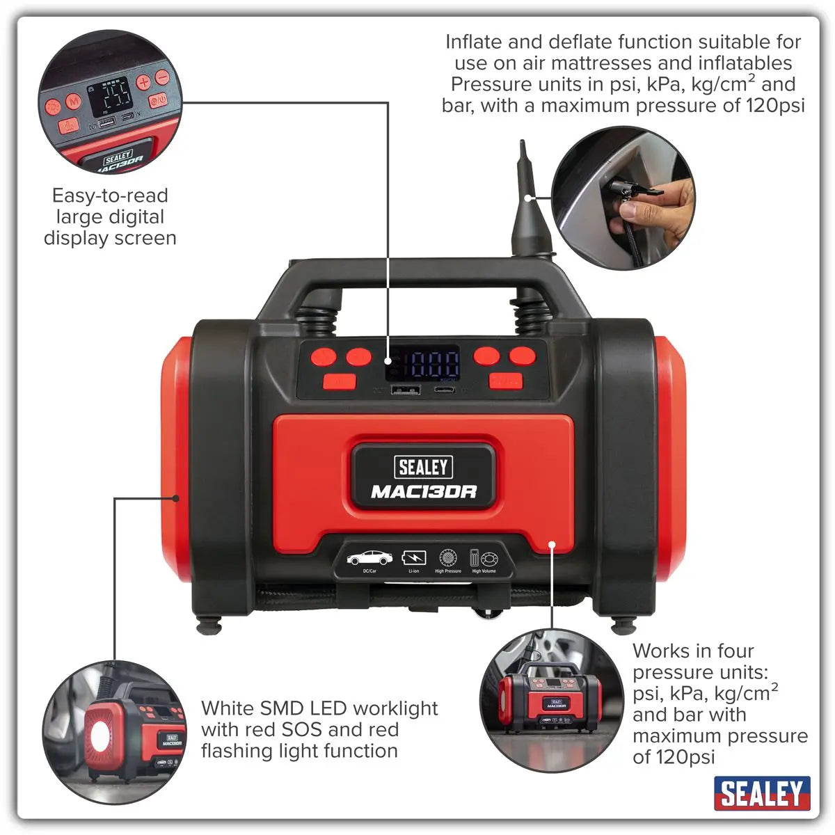 Sealey Rechargeable Tyre Inflator & High Volume Air Pump 12V White Rose Tools