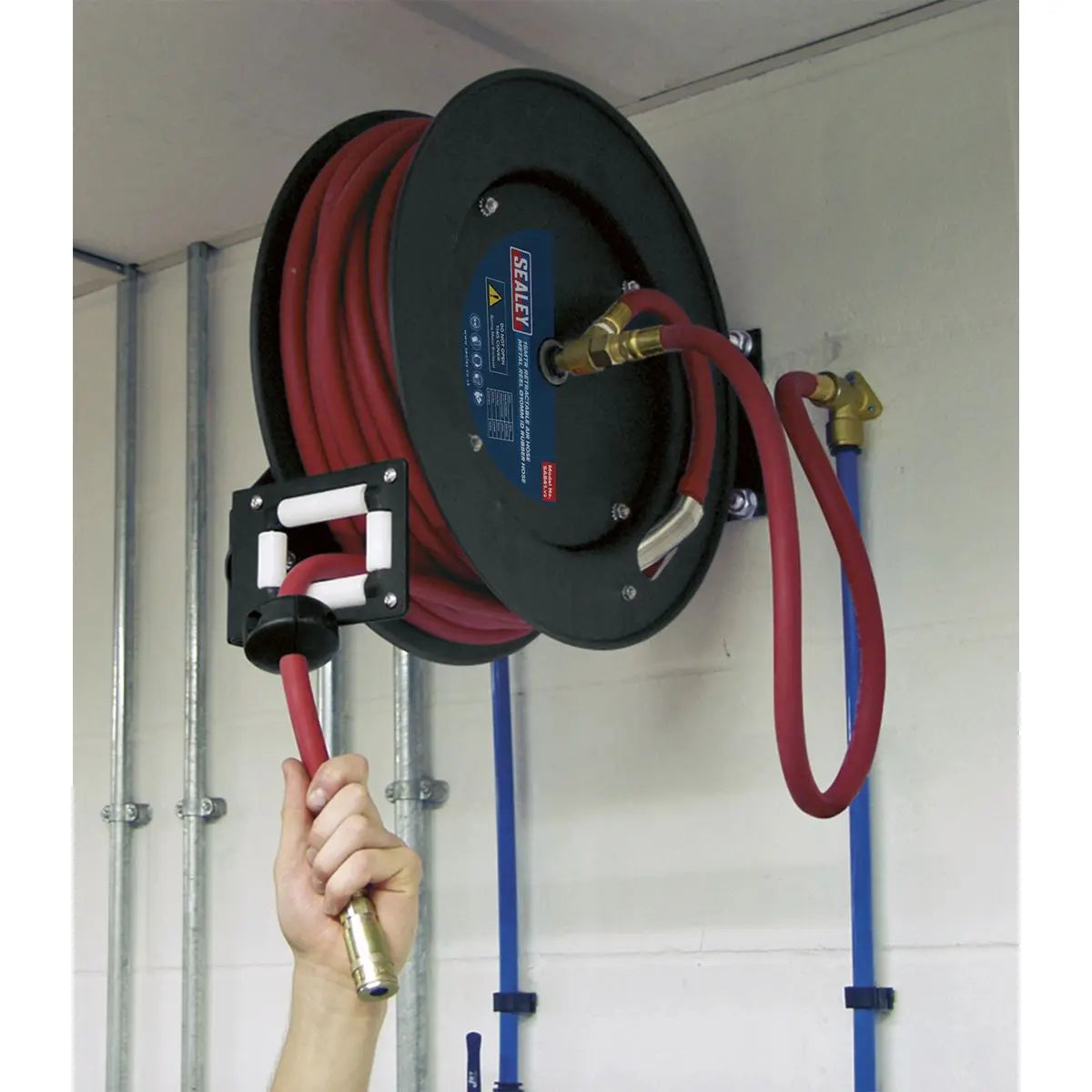 Sealey Retractable Air Hose Metal Reel 15m 10mm Diameter ID Rubber Hose