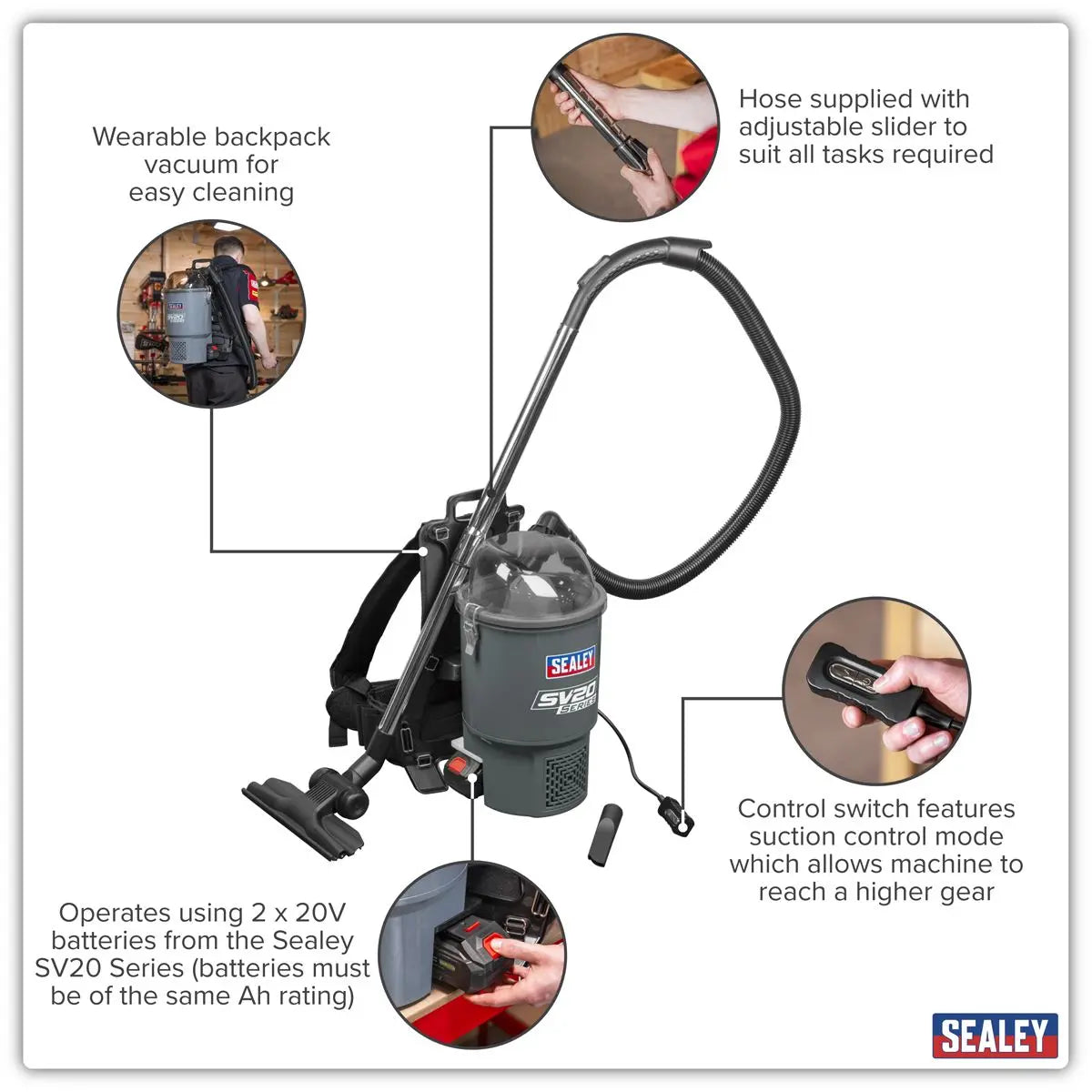 Sealey SV20 Series Backpack Vacuum Cleaner 40V - Body Only White Rose Tools
