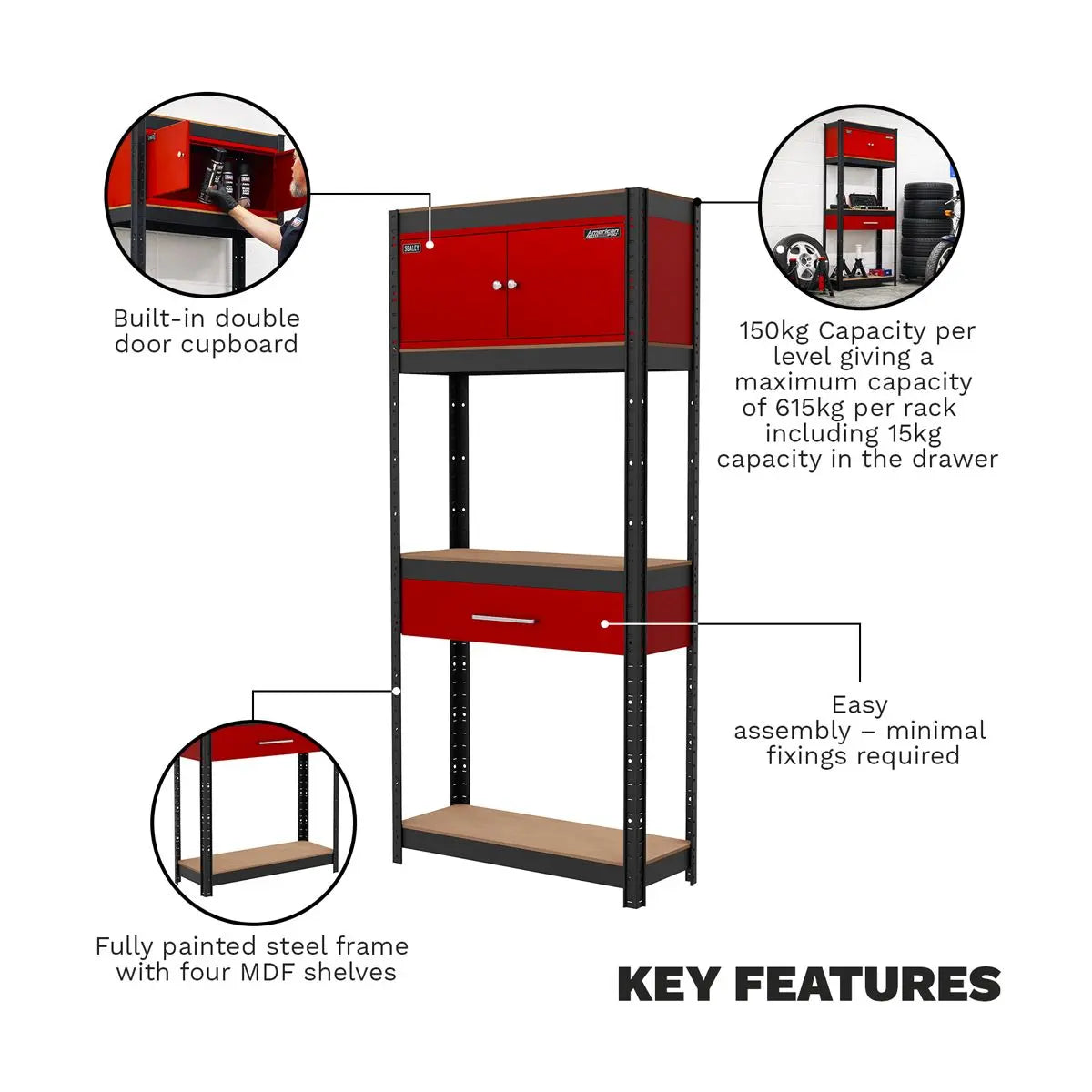 Sealey Shelving Unit 4-Tier with Cupboard and Drawer White Rose Tools