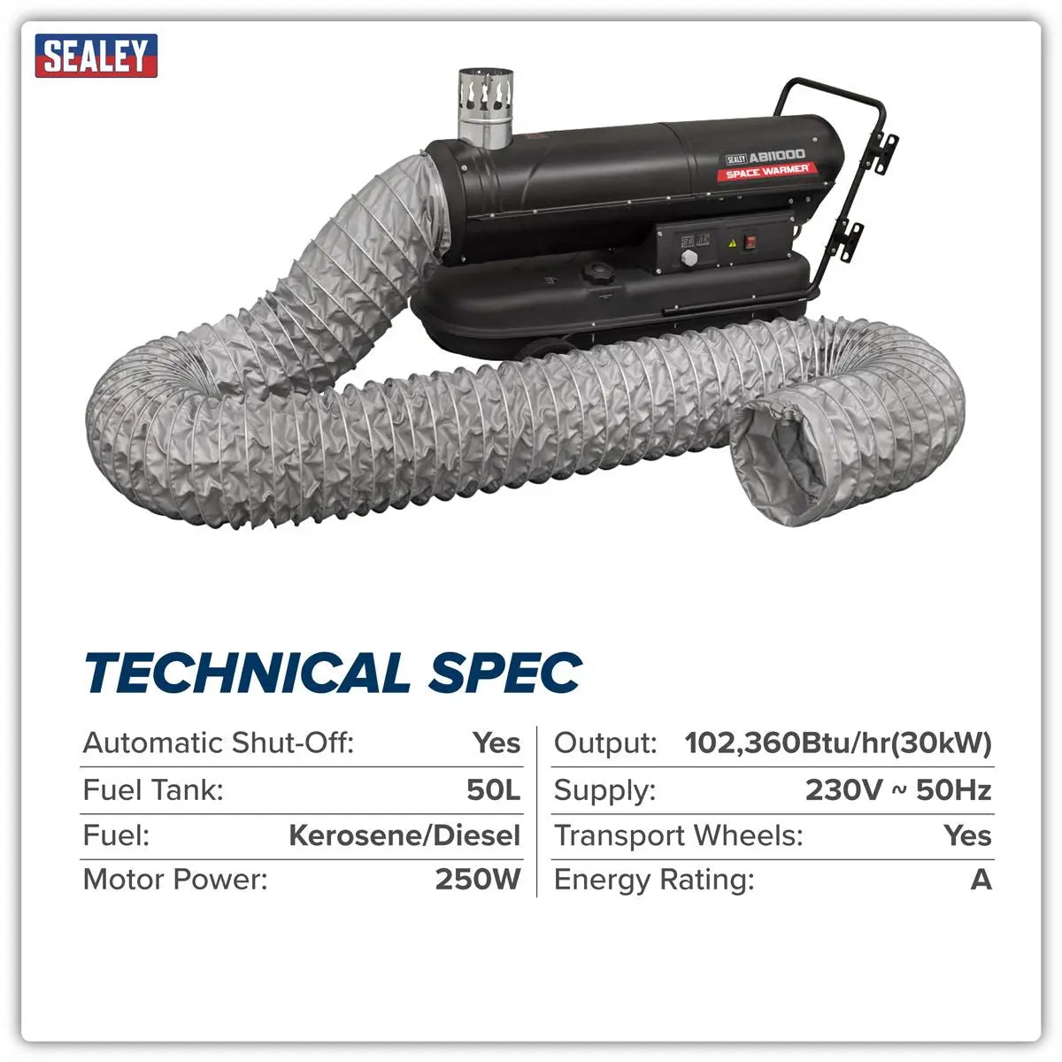 Sealey Space Warmer® Indirect Kerosene/Diesel Heater 102,000Btu/hr with 5M Ducting White Rose Tools