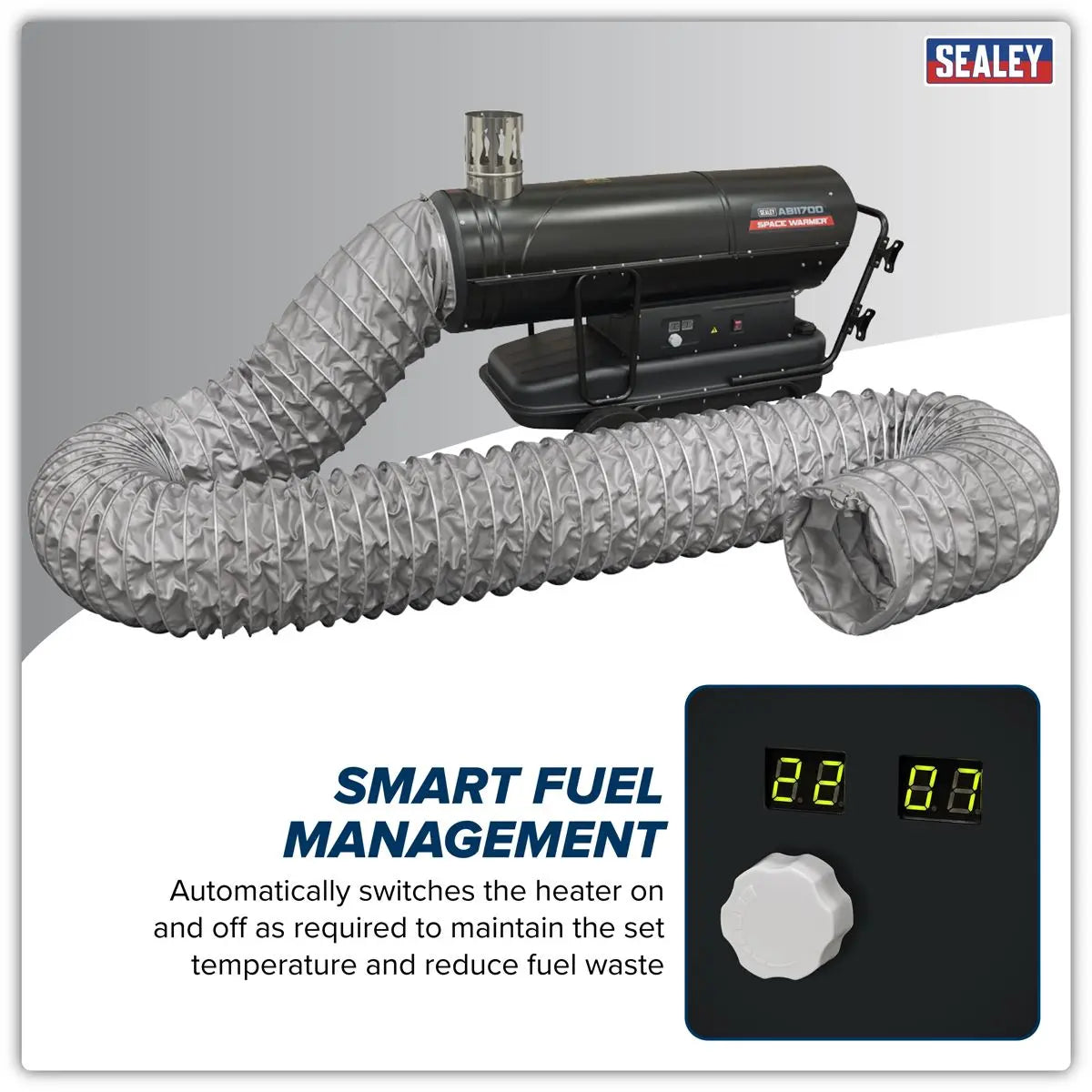 Sealey Space Warmer® Indirect Kerosene/Diesel Heater 170,000Btu/hr with 5M Ducting White Rose Tools