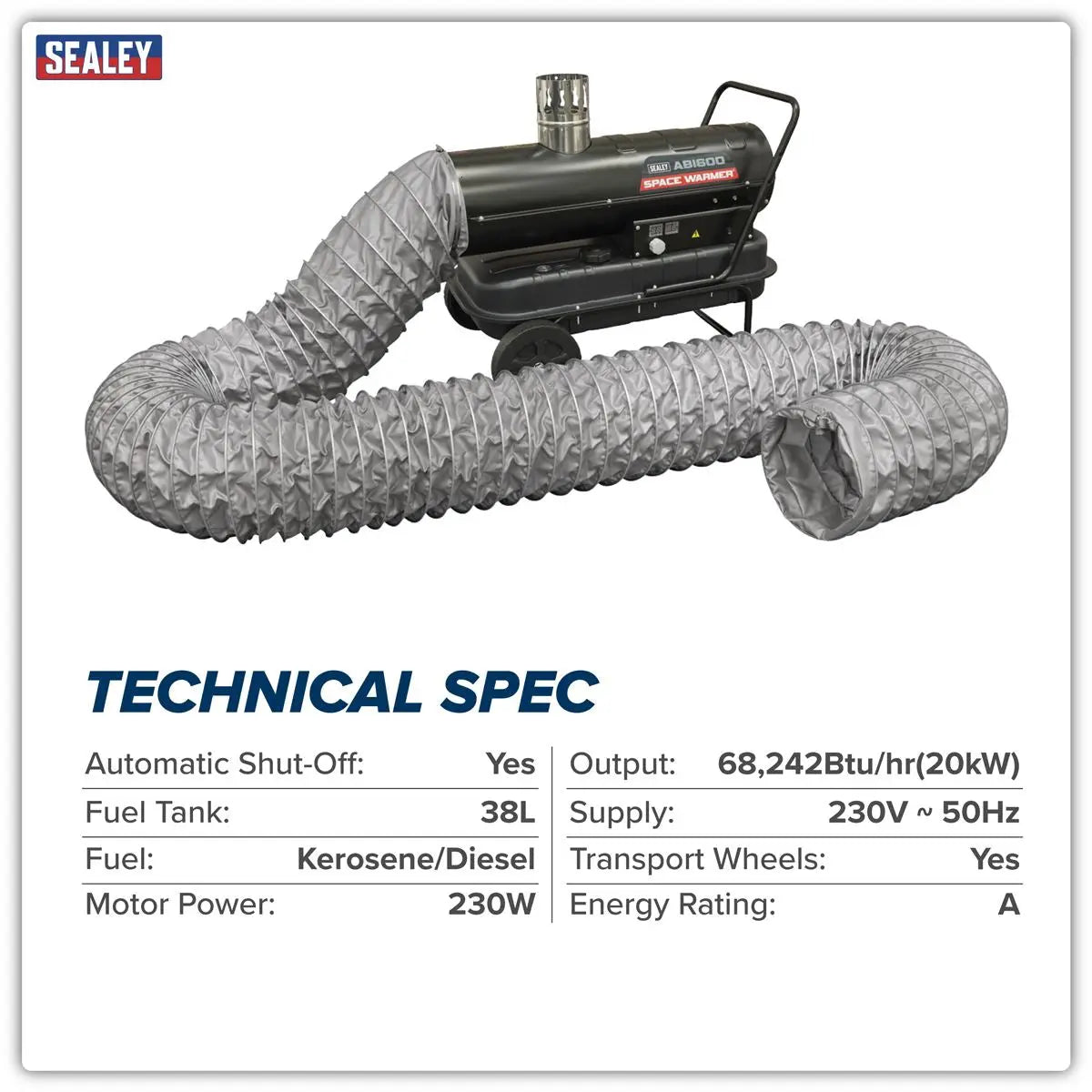 Sealey Space Warmer® Indirect Kerosene/Diesel Heater 68,000Btu/hr with 5M Ducting White Rose Tools