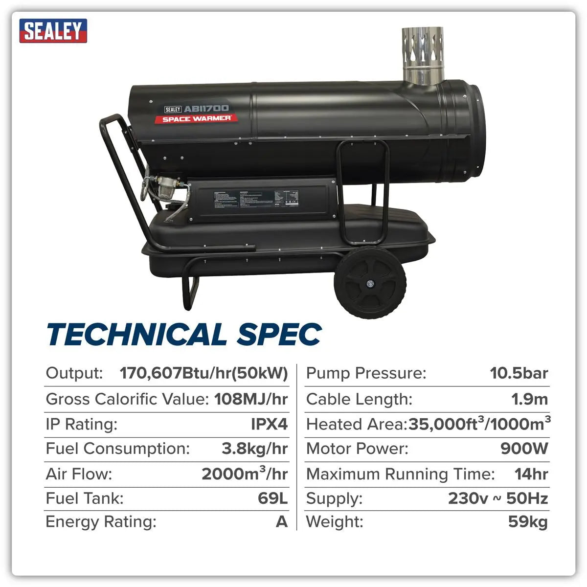 Sealey Space Warmer® Indirect Kerosene/Diesel Heater with Wheels 170,000Btu/hr White Rose Tools