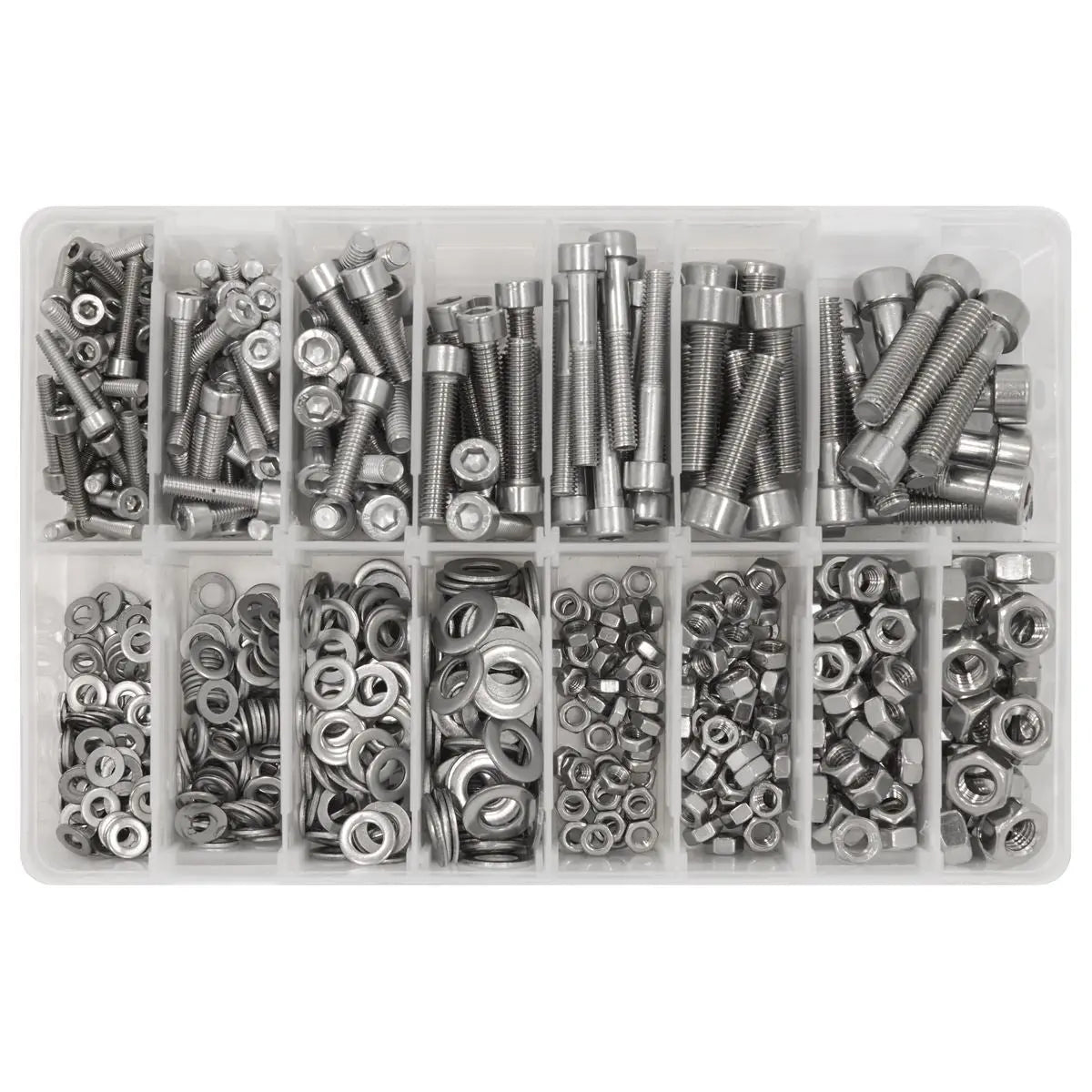 Sealey Stainless Steel Hex Socket Bolt, Washer & Nut Assortment 710pcs White Rose Tools