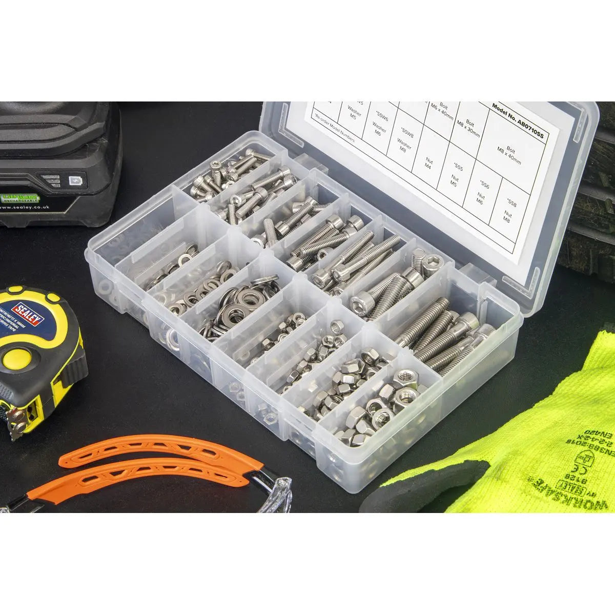 Sealey Stainless Steel Hex Socket Bolt, Washer & Nut Assortment 710pcs White Rose Tools