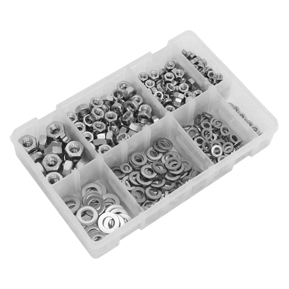 Sealey Stainless Steel Nut and Washer Assortment 500pc M5-M10 White Rose Tools