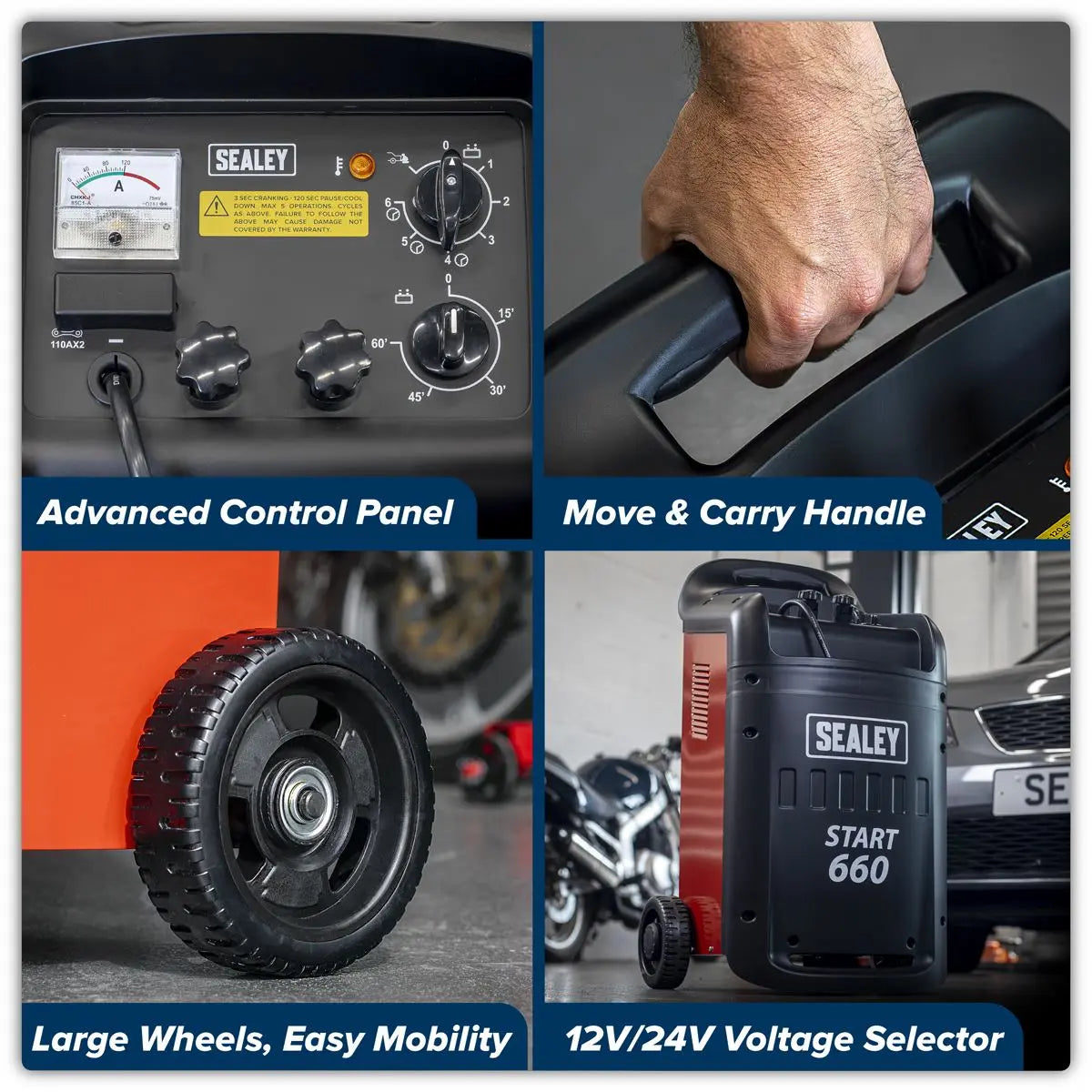 Sealey Starter/Charger 660/100A 12/24V 230V  White Rose Tools