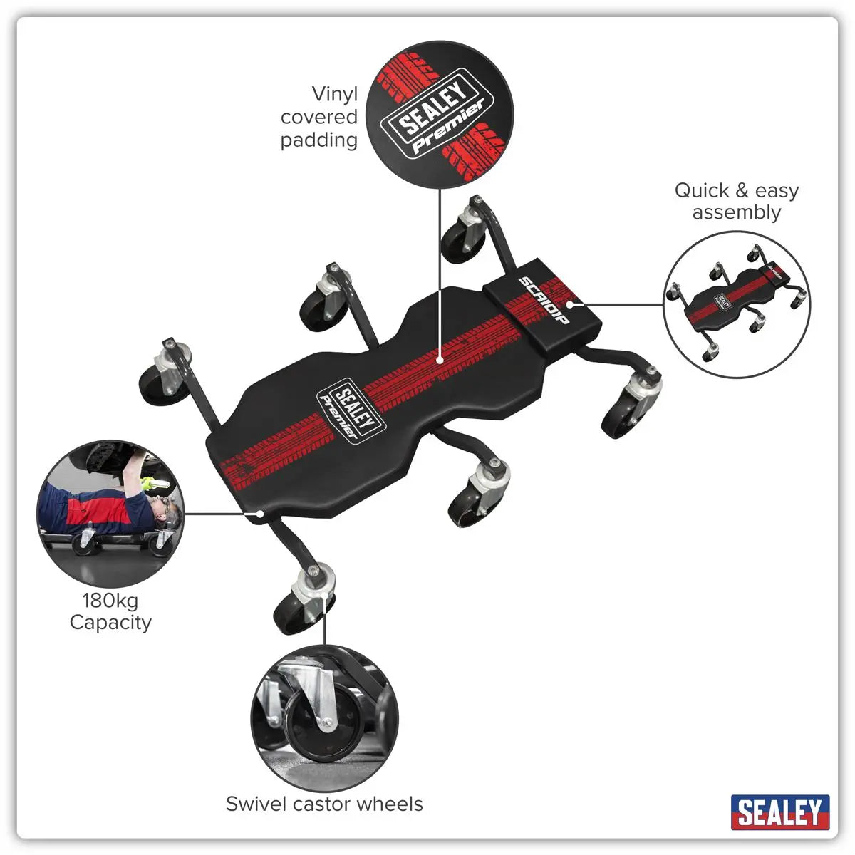 Sealey Steel Creeper with 6 Rough Ground 5" Wheels & Headrest White Rose Tools