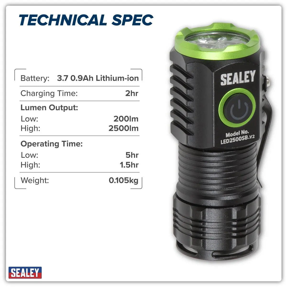 Sealey Super Beam 2500lm Rechargeable SMD LED 24W Pocket Light  White Rose Tools