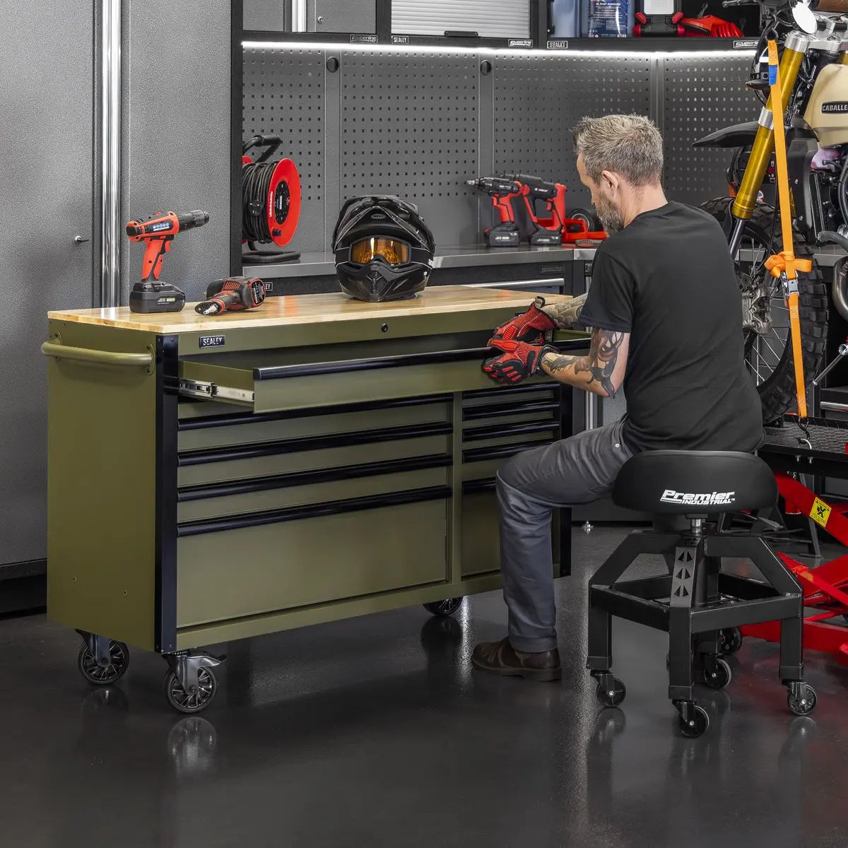 Sealey Superline PRO® Mobile Trolley with Wooden Worktop & Power Bar 10 Drawer 1320mm - White Rose Tools